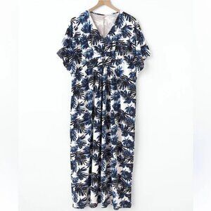 Garnet Hill Tropical Leaf Print Caftan Maxi Dress